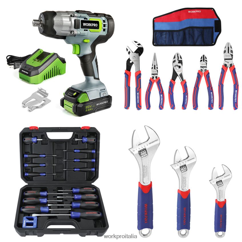 WORKPRO Avvitatore a percussione a batteria da 20 V, set di 5 pinze, set di cacciaviti magnetici da 16 pezzi e set di chiavi regolabili da 3 pezzi utile B0600L319 attrezzo