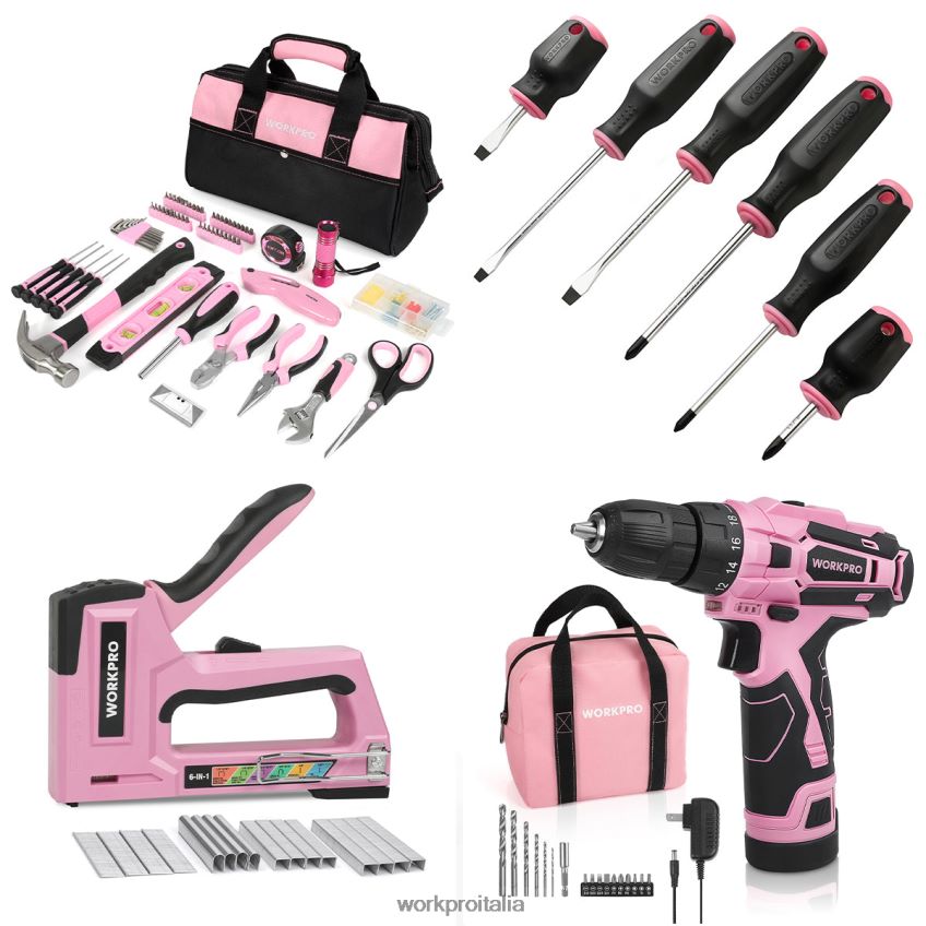 WORKPRO Kit di attrezzi da 106 pezzi, 6 cacciaviti magnetici, kit trapano avvitatore a batteria da 12 V e pinzatrice 6 in 1 rosa B0600L312 attrezzo
