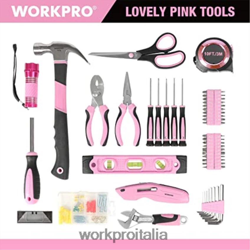 WORKPRO Kit di attrezzi da 106 pezzi, 6 cacciaviti magnetici, kit trapano avvitatore a batteria da 12 V e pinzatrice 6 in 1 rosa B0600L312 attrezzo