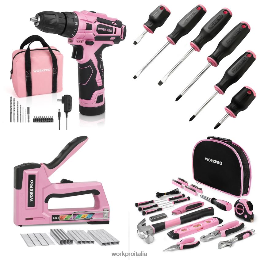 WORKPRO Kit trapano avvitatore a batteria da 12 V e kit di attrezzi da 103 pezzi, set di 8 cacciaviti magnetici e pinzatrice 6 in 1 rosa B0600L315 attrezzo