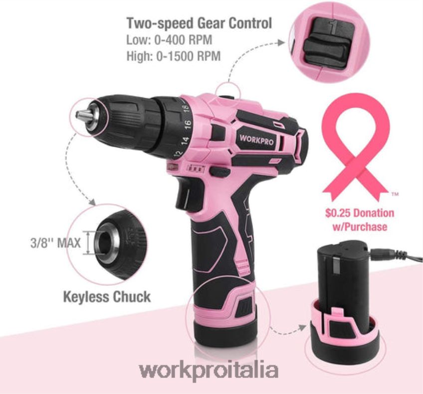 WORKPRO Kit trapano avvitatore a batteria da 12 V e kit di attrezzi da 103 pezzi, set di 8 cacciaviti magnetici e pinzatrice 6 in 1 rosa B0600L315 attrezzo