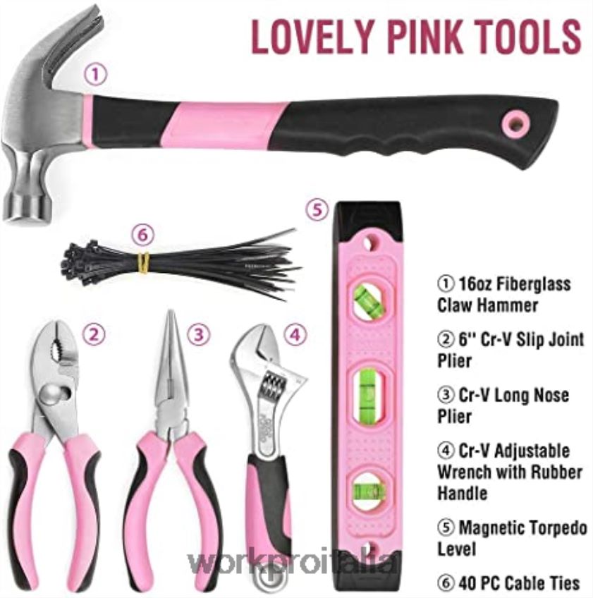 WORKPRO Kit trapano avvitatore a batteria da 12 V e kit di attrezzi da 103 pezzi, set di 8 cacciaviti magnetici e pinzatrice 6 in 1 rosa B0600L315 attrezzo