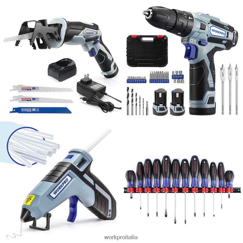 WORKPRO Sega alternativa a batteria 12 V e kit trapano avvitatore a batteria 12 V, set di 12 cacciaviti magnetici e pistola per colla a caldo senza fili utile B0600L321 attrezzo