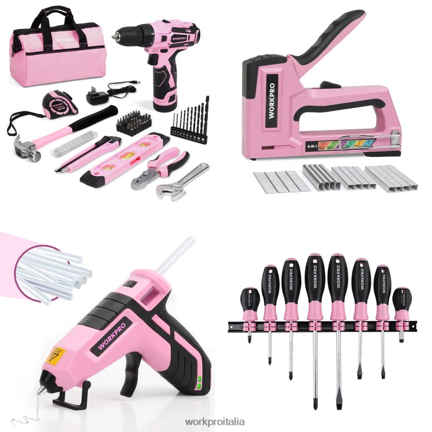 WORKPRO Set trapano a batteria 12 V, pinzatrice 6 in 1, set di 8 cacciaviti magnetici e pistola per colla a caldo senza fili rosa B0600L313 attrezzo