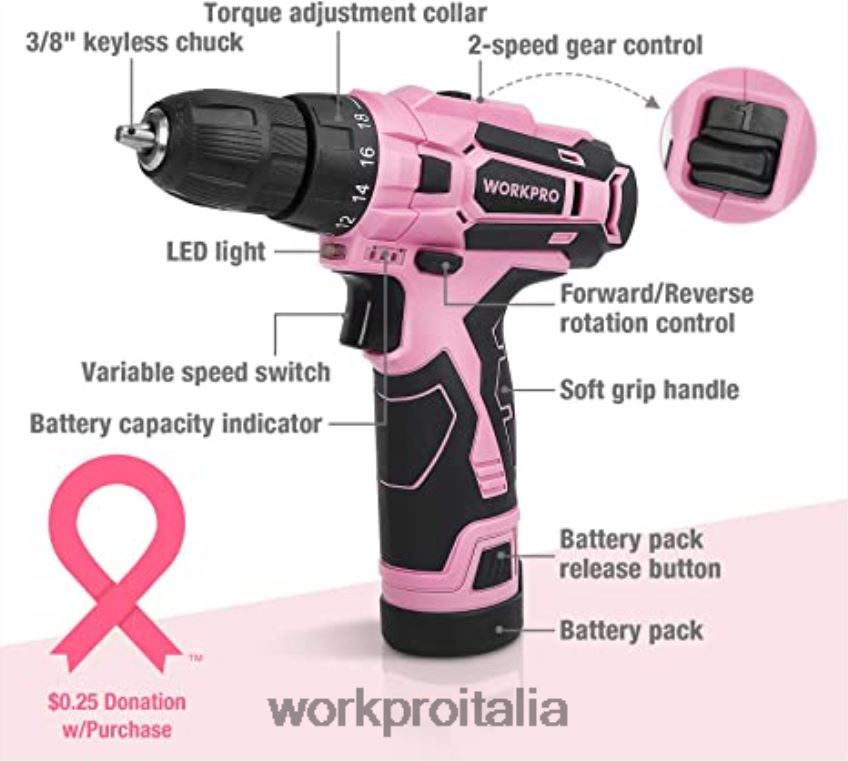 WORKPRO Set trapano a batteria 12 V, pinzatrice 6 in 1, set di 8 cacciaviti magnetici e pistola per colla a caldo senza fili rosa B0600L313 attrezzo