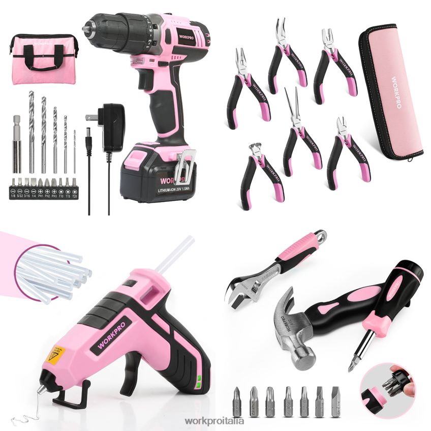 WORKPRO Set trapano avvitatore a batteria da 20 V, mini pinze da 6 pezzi, kit di attrezzi da 10 pezzi e pistola per colla a batteria rosa B0600L316 attrezzo