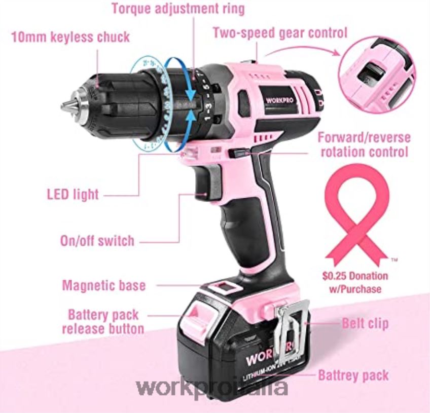 WORKPRO Set trapano avvitatore a batteria da 20 V, mini pinze da 6 pezzi, kit di attrezzi da 10 pezzi e pistola per colla a batteria rosa B0600L316 attrezzo