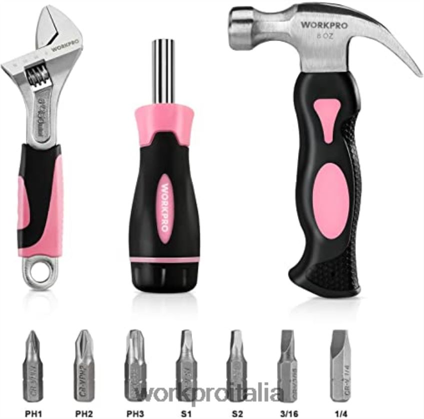WORKPRO Set trapano avvitatore a batteria da 20 V, mini pinze da 6 pezzi, kit di attrezzi da 10 pezzi e pistola per colla a batteria rosa B0600L316 attrezzo
