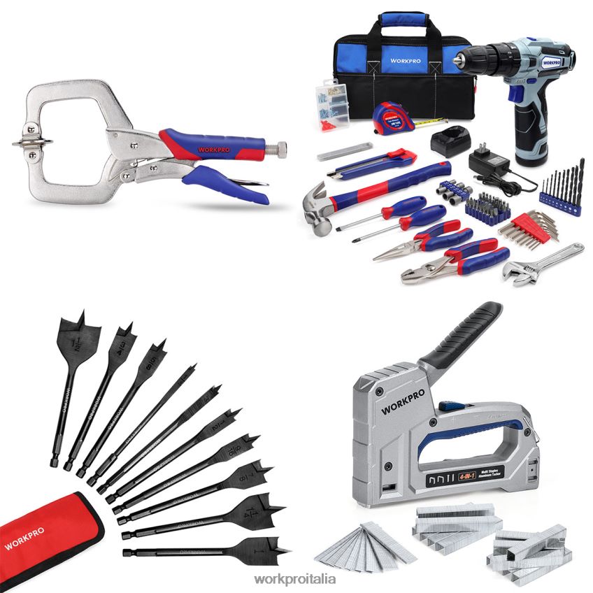 WORKPRO morsetto frontale, trapano a batteria da 12 V e kit di attrezzi per la casa, set di 10 punte per trapano a vanga professionale e pinzatrice 4 in 1 per carichi pesanti utile B0600L318 attrezzo