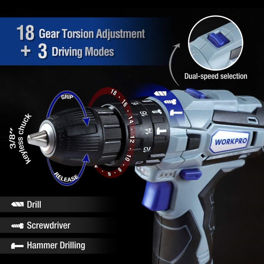 WORKPRO morsetto frontale, trapano a batteria da 12 V e kit di attrezzi per la casa, set di 10 punte per trapano a vanga professionale e pinzatrice 4 in 1 per carichi pesanti utile B0600L318 attrezzo