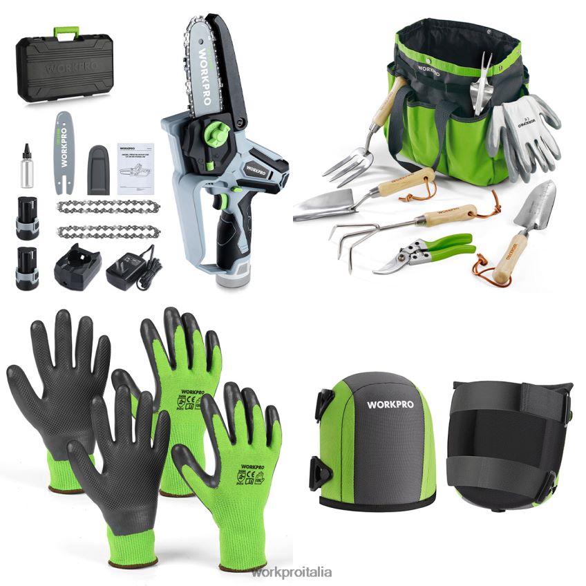 WORKPRO sega a catena senza fili e set di attrezzi da giardino da 7 pezzi e 2 paia di guanti da giardino e ginocchiere da giardino utile B0600L314 attrezzo