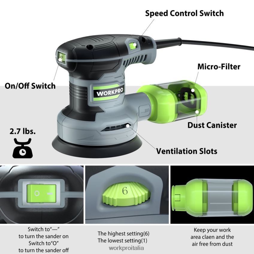 WORKPRO Levigatrice orbitale casuale elettrica da 5 pollici da 2,5 A, 6 velocità variabili da 7.000 a 14.000 giri/min utile B0600L233 attrezzo
