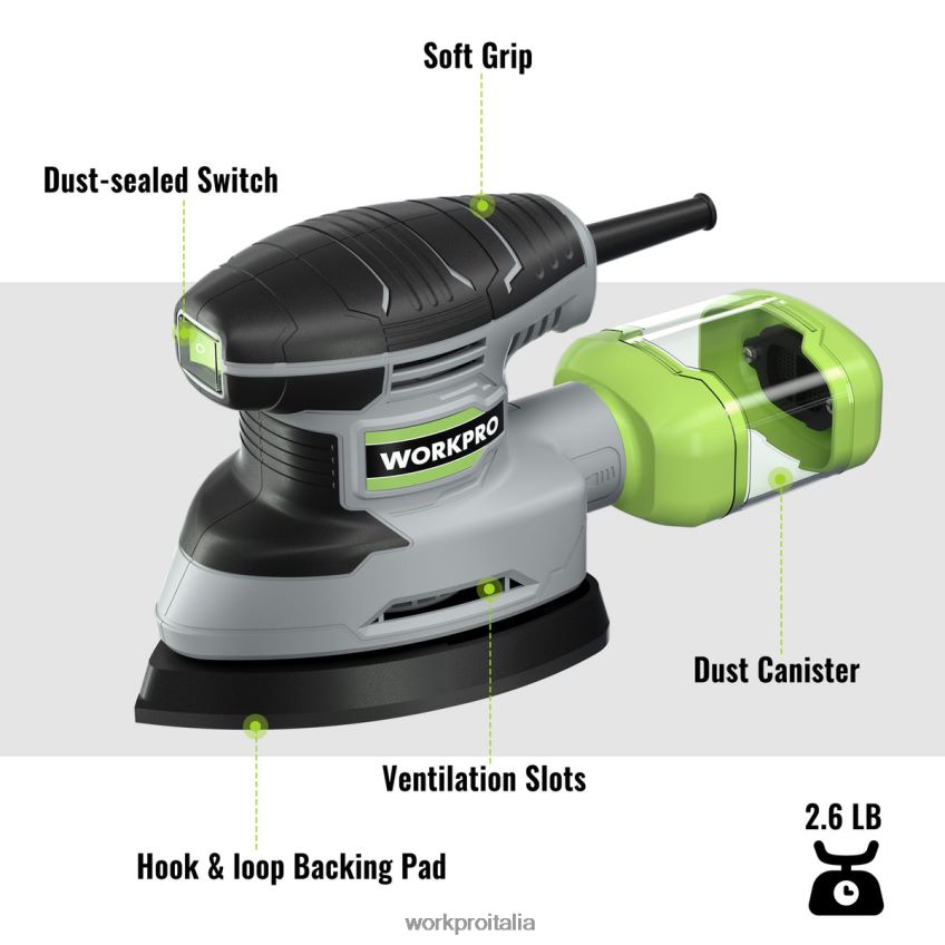 WORKPRO Levigatrice per dettagli da 1,6 A, levigatrice elettrica compatta da 13000 opm con aspiratore di polvere utile B0600L239 attrezzo