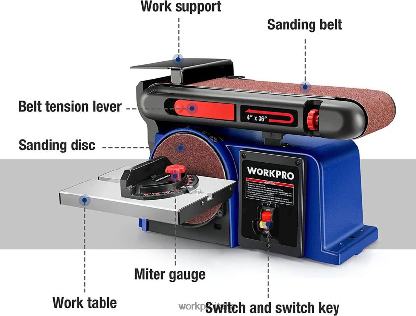 WORKPRO levigatrice a nastro, levigatrice a nastro da 4 pollici x 36 pollici e levigatrice a disco da 6 pollici con 6 pezzi di carta vetrata, base in ghisa per levigare la lavorazione del legno utile 