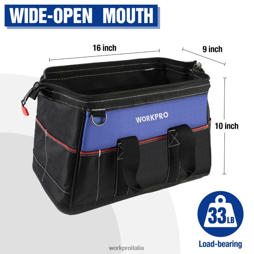 WORKPRO Borsa per attrezzi con bocca larga da 16 pollici, borsa per attrezzi in tessuto resistente con base sagomata impermeabile, tracolla regolabile utile B0600L24 magazzinaggio