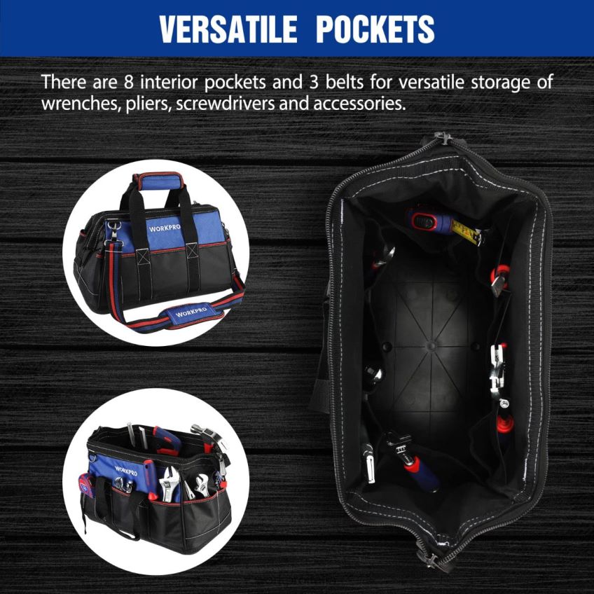 WORKPRO Borsa per attrezzi con bocca larga da 16 pollici, borsa per attrezzi in tessuto resistente con base sagomata impermeabile, tracolla regolabile utile B0600L24 magazzinaggio