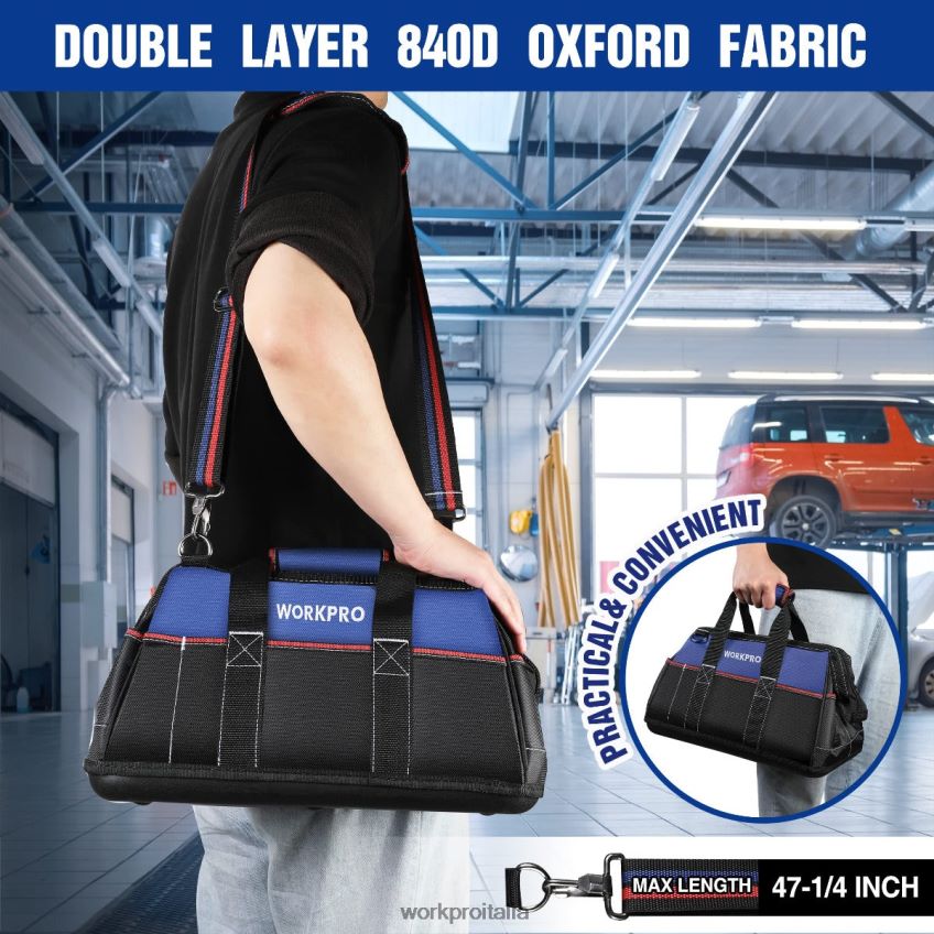 WORKPRO Borsa per attrezzi con bocca larga da 16 pollici, borsa per attrezzi in tessuto resistente con base sagomata impermeabile, tracolla regolabile utile B0600L24 magazzinaggio