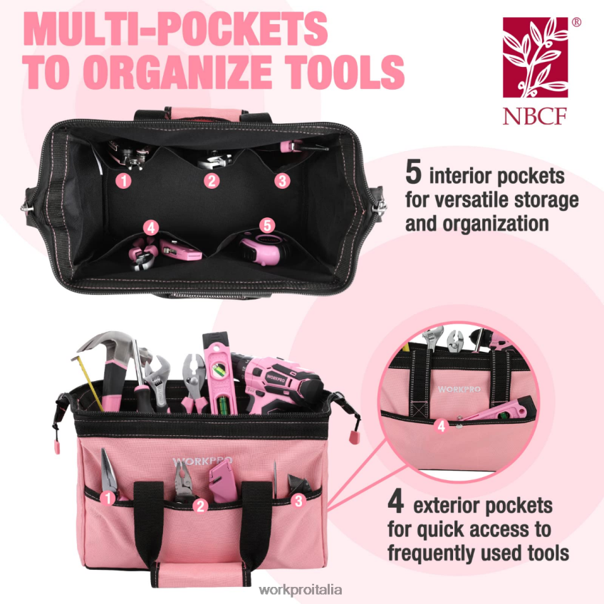 WORKPRO Borsa per attrezzi da 13 pollici, borse per riporre gli attrezzi in tessuto morbido rosa B0600L29 magazzinaggio