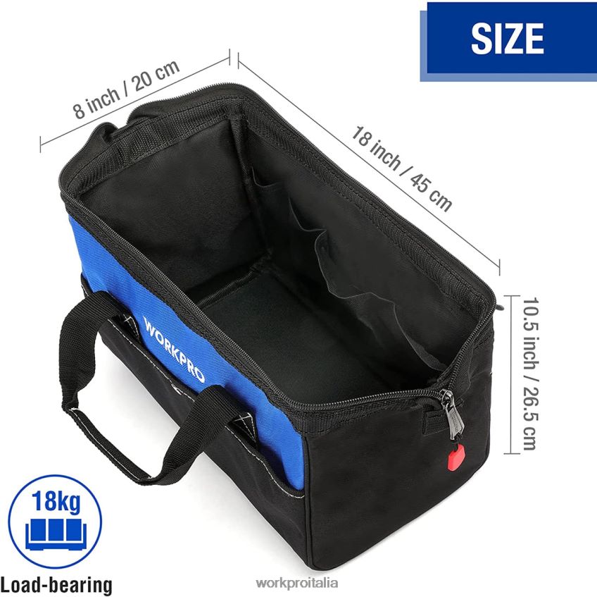 WORKPRO Borsa porta attrezzi da 18 pollici con bocca larga e chiusura superiore con tracolla regolabile utile B0600L27 magazzinaggio