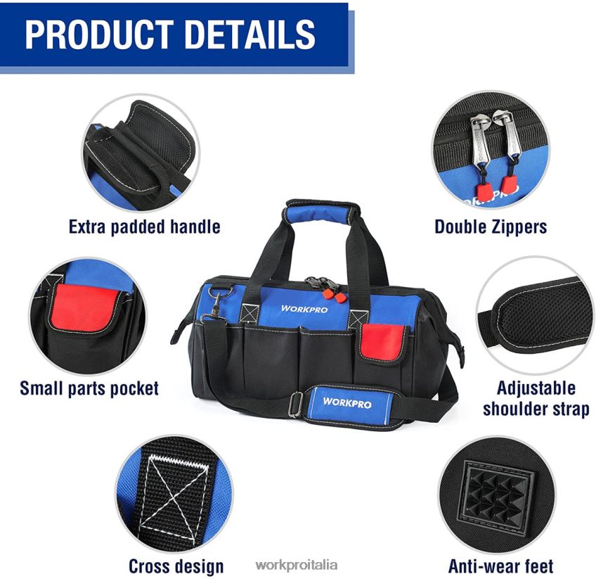WORKPRO Borsa porta attrezzi da 18 pollici con bocca larga e chiusura superiore con tracolla regolabile utile B0600L27 magazzinaggio
