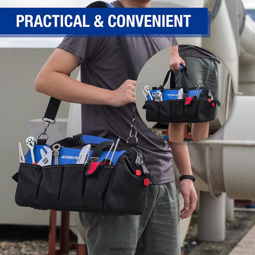 WORKPRO Borsa porta attrezzi da 18 pollici con bocca larga e chiusura superiore con tracolla regolabile utile B0600L27 magazzinaggio