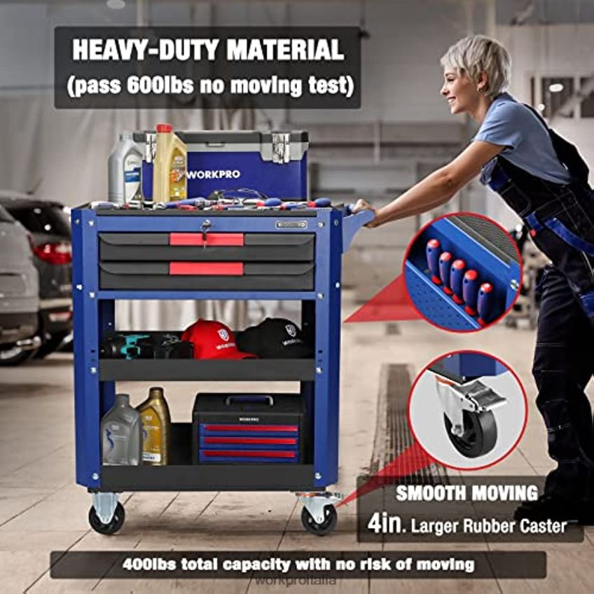 WORKPRO Carrello portautensili con rotelle premium a 2 cassetti, organizer per riporre oggetti nel carrello di servizio industriale per carichi pesanti con ruote e sistema di bloccaggio utile B0600L16
