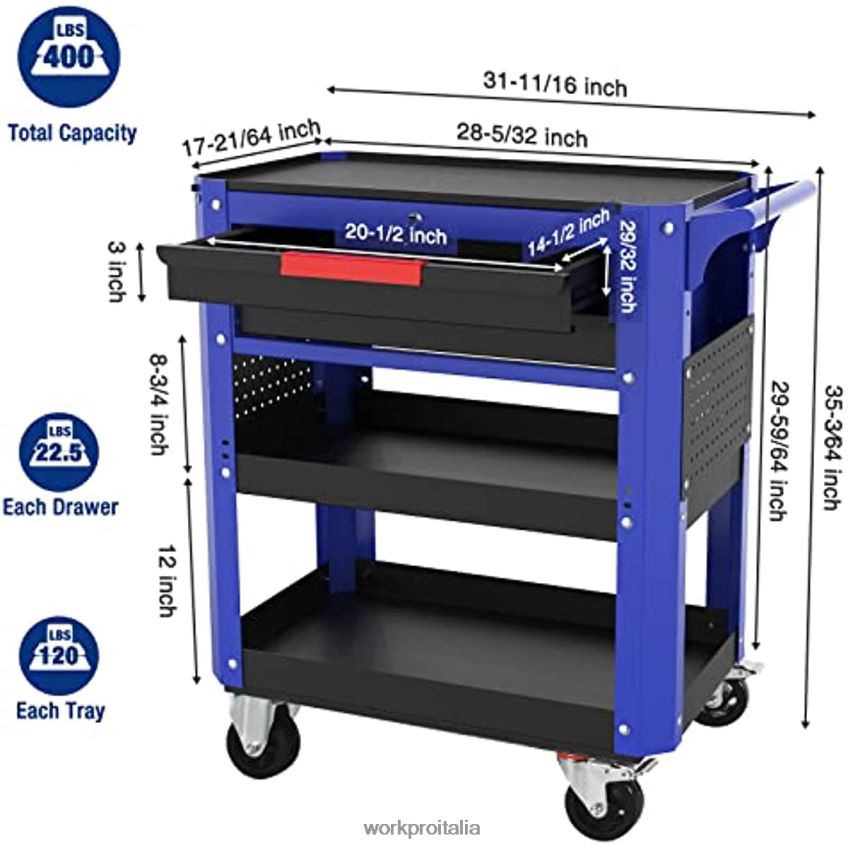 WORKPRO Carrello portautensili con rotelle premium a 2 cassetti, organizer per riporre oggetti nel carrello di servizio industriale per carichi pesanti con ruote e sistema di bloccaggio utile B0600L16
