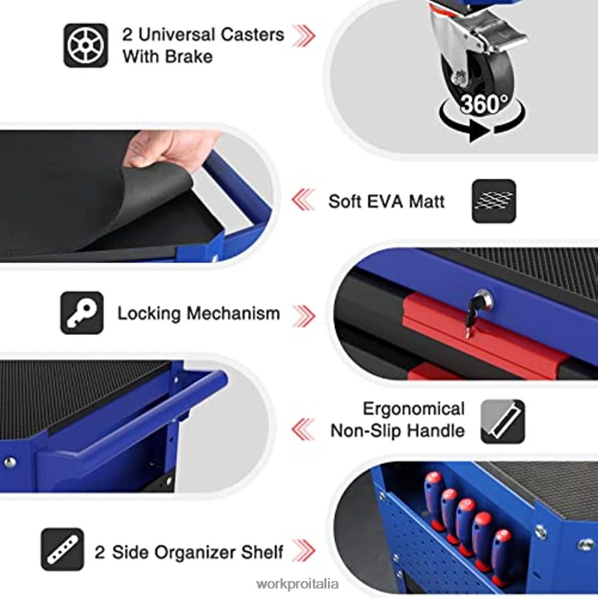 WORKPRO Carrello portautensili con rotelle premium a 2 cassetti, organizer per riporre oggetti nel carrello di servizio industriale per carichi pesanti con ruote e sistema di bloccaggio utile B0600L16
