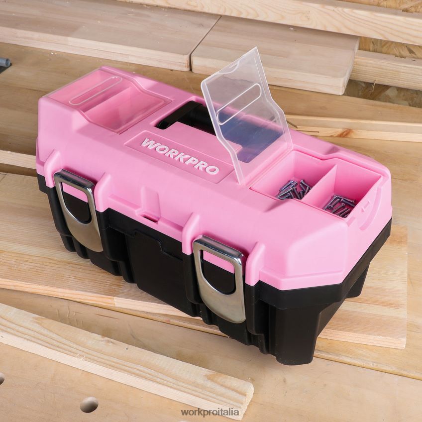 WORKPRO Cassetta degli attrezzi da 16 pollici, cassetta degli attrezzi in plastica con chiusura in metallo e vassoio rimovibile rosa B0600L23 magazzinaggio