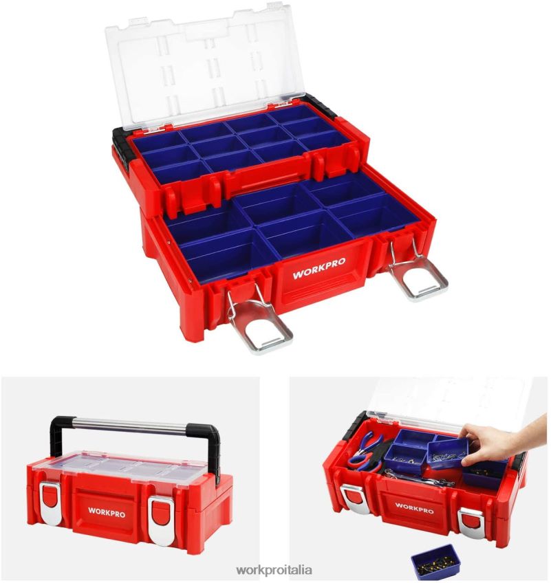 WORKPRO Cassetta degli attrezzi in plastica da 17 pollici, scatola portaoggetti con coperchio con chiusura e maniglia in acciaio inossidabile rosso B0600L25 magazzinaggio