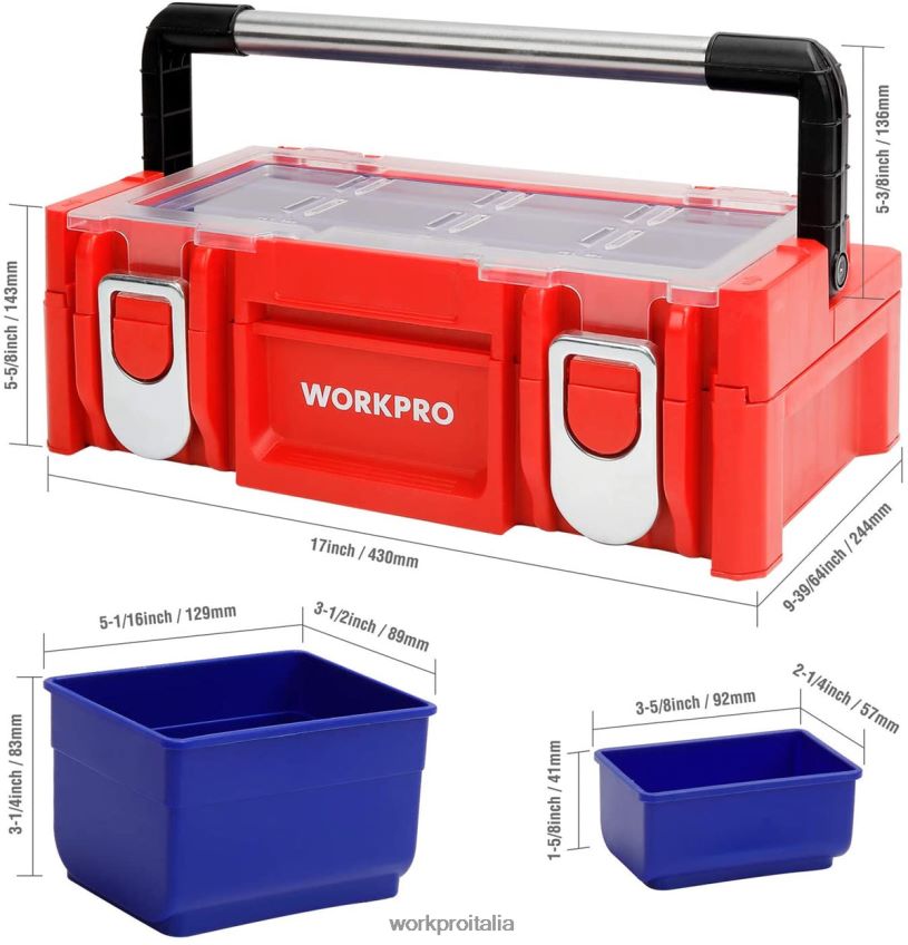 WORKPRO Cassetta degli attrezzi in plastica da 17 pollici, scatola portaoggetti con coperchio con chiusura e maniglia in acciaio inossidabile rosso B0600L25 magazzinaggio