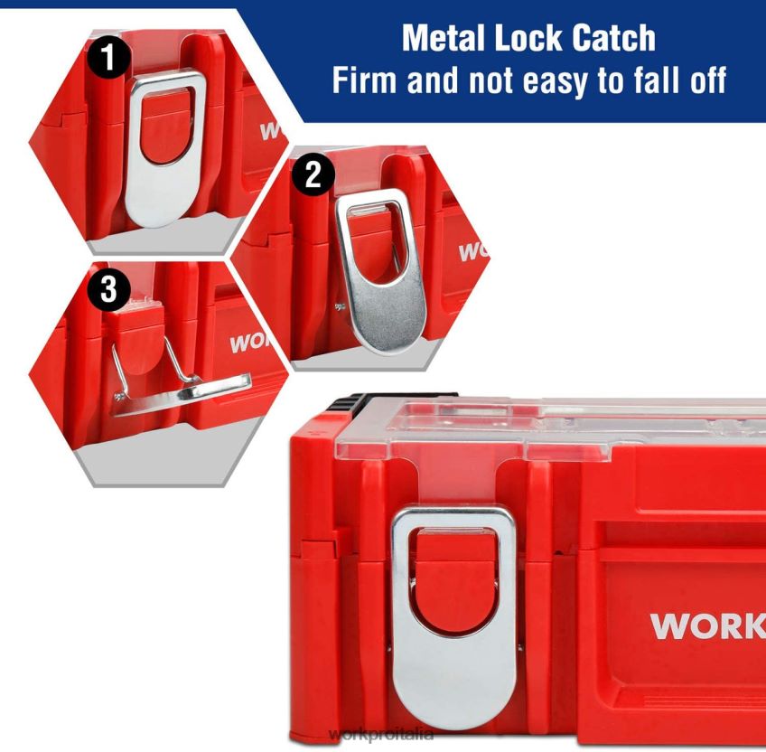WORKPRO Cassetta degli attrezzi in plastica da 17 pollici, scatola portaoggetti con coperchio con chiusura e maniglia in acciaio inossidabile rosso B0600L25 magazzinaggio