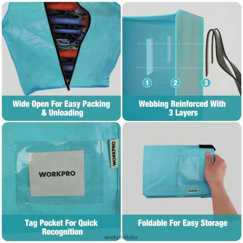 WORKPRO Confezione da 6 borse tote per traslochi extra large per carichi pesanti con cerniere e maniglie per il trasporto, cinghie per zaino rosa/blu B0600L142 magazzinaggio