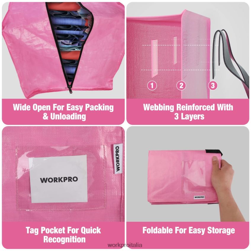 WORKPRO Confezione da 6 borse tote per traslochi extra large per carichi pesanti con cerniere e maniglie per il trasporto, cinghie per zaino rosa/blu B0600L142 magazzinaggio
