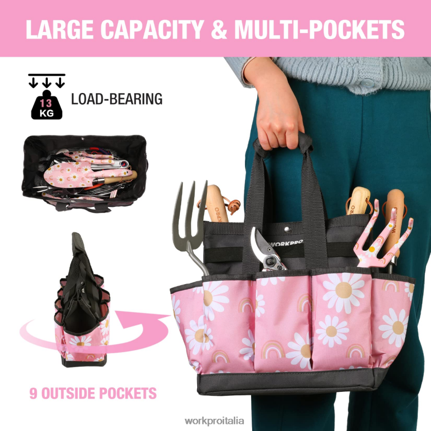 WORKPRO borsa per attrezzi da giardino con 9 tasche floreale bianco/floreale rosa B0600L286 magazzinaggio