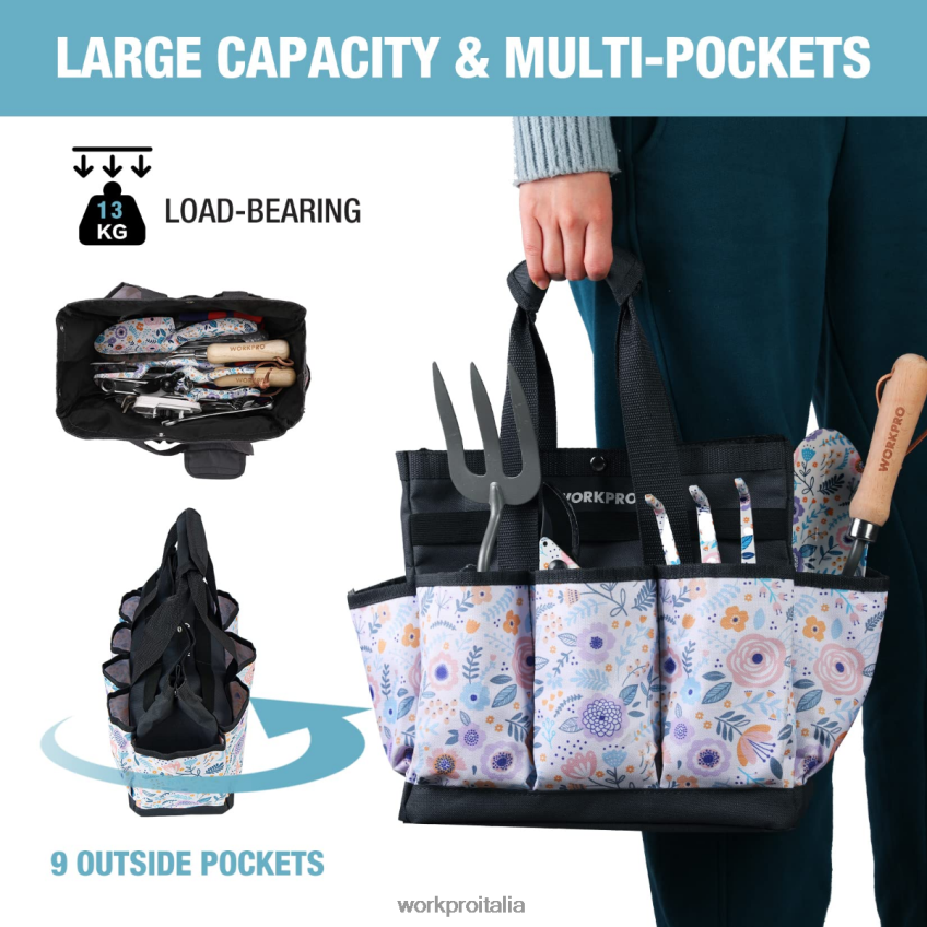 WORKPRO borsa per attrezzi da giardino con 9 tasche floreale bianco/floreale rosa B0600L286 magazzinaggio