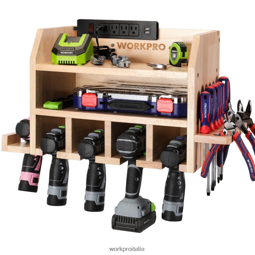 WORKPRO organizer per utensili elettrici, supporto da parete per supporto per trapano a batteria con 5 slot per appendere il trapano, portautensili in legno massiccio utile B0600L19 magazzinaggio