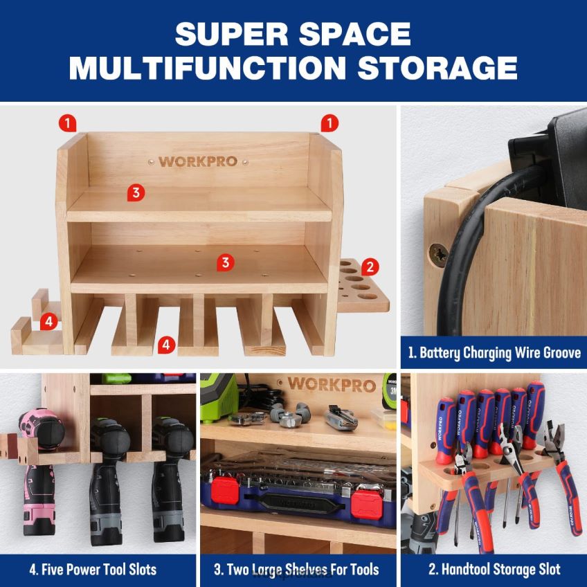 WORKPRO organizer per utensili elettrici, supporto da parete per supporto per trapano a batteria con 5 slot per appendere il trapano, portautensili in legno massiccio utile B0600L19 magazzinaggio
