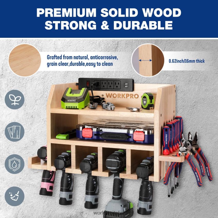 WORKPRO organizer per utensili elettrici, supporto da parete per supporto per trapano a batteria con 5 slot per appendere il trapano, portautensili in legno massiccio utile B0600L19 magazzinaggio