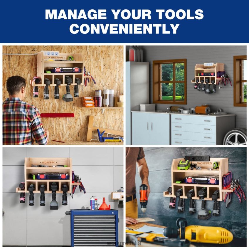 WORKPRO organizer per utensili elettrici, supporto da parete per supporto per trapano a batteria con 5 slot per appendere il trapano, portautensili in legno massiccio utile B0600L19 magazzinaggio
