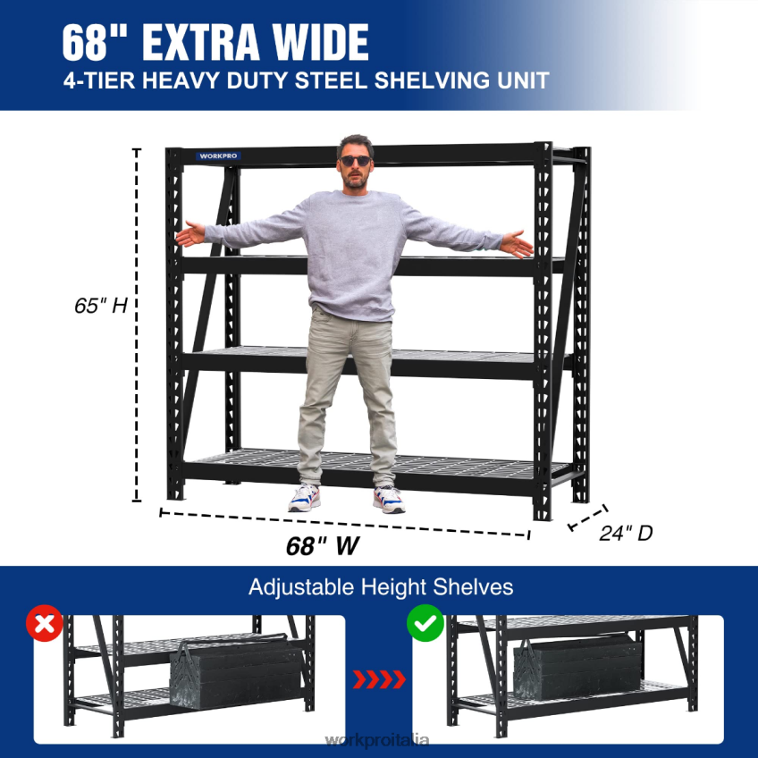 WORKPRO Scaffale da garage in metallo a 4 livelli, capacità di 7200 libbre, ripiani industriali regolabili per carichi pesanti utile B0600L10 magazzinaggio