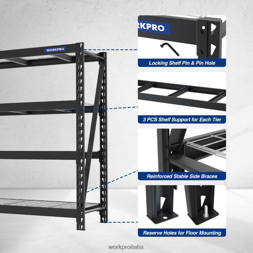 WORKPRO Scaffale da garage in metallo a 4 livelli, capacità di 7200 libbre, ripiani industriali regolabili per carichi pesanti utile B0600L10 magazzinaggio