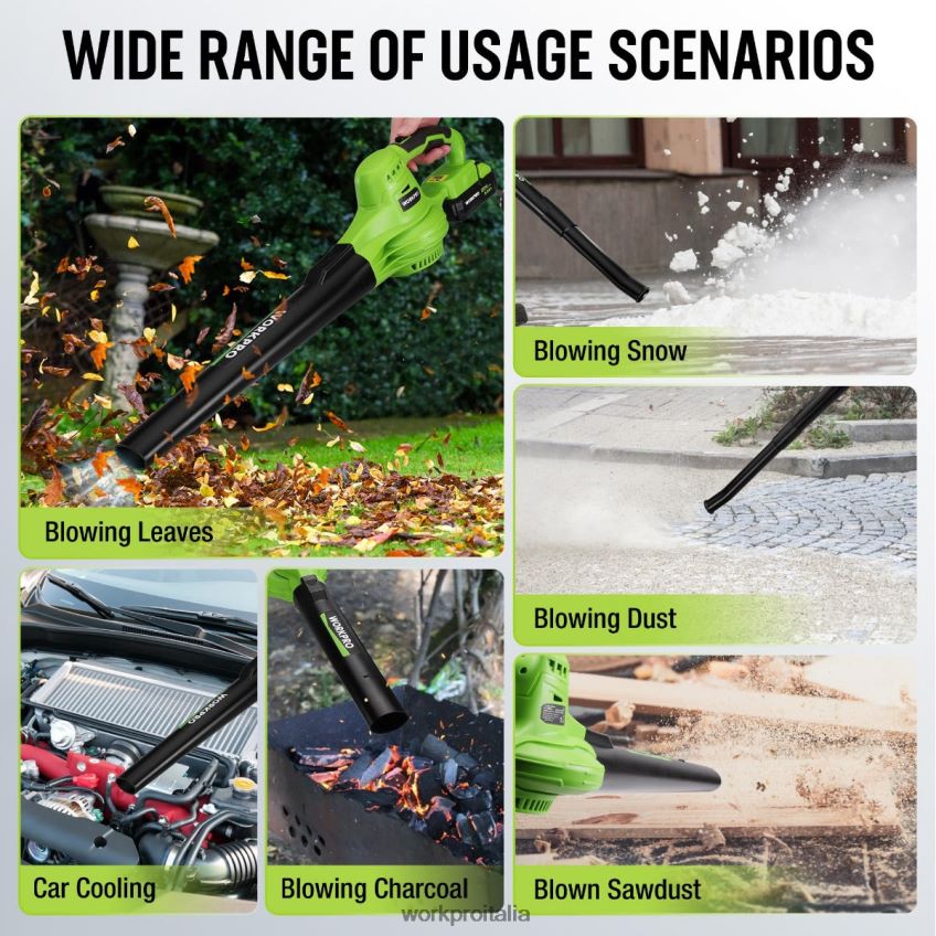WORKPRO Mini soffiatore per foglie senza fili leggero da 20 V con batteria e caricabatterie, controllo a 2 velocità moderno B0600L303 attrezzo