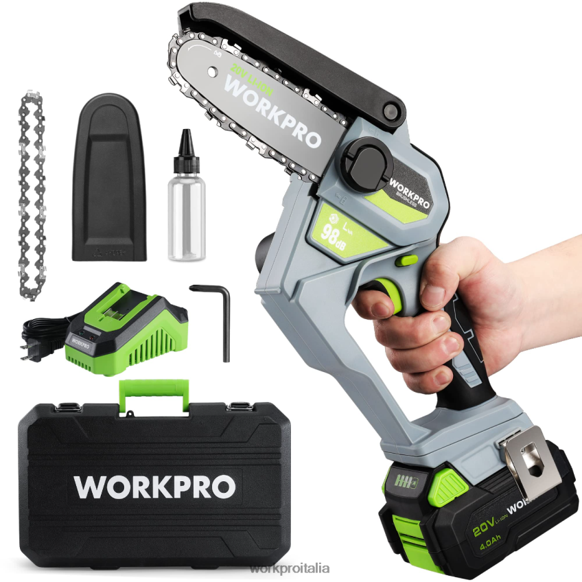 WORKPRO Motosega compatta a batteria senza spazzole da 20 V con batteria da 4,0 Ah e catena di ricambio moderno B0600L298 attrezzo