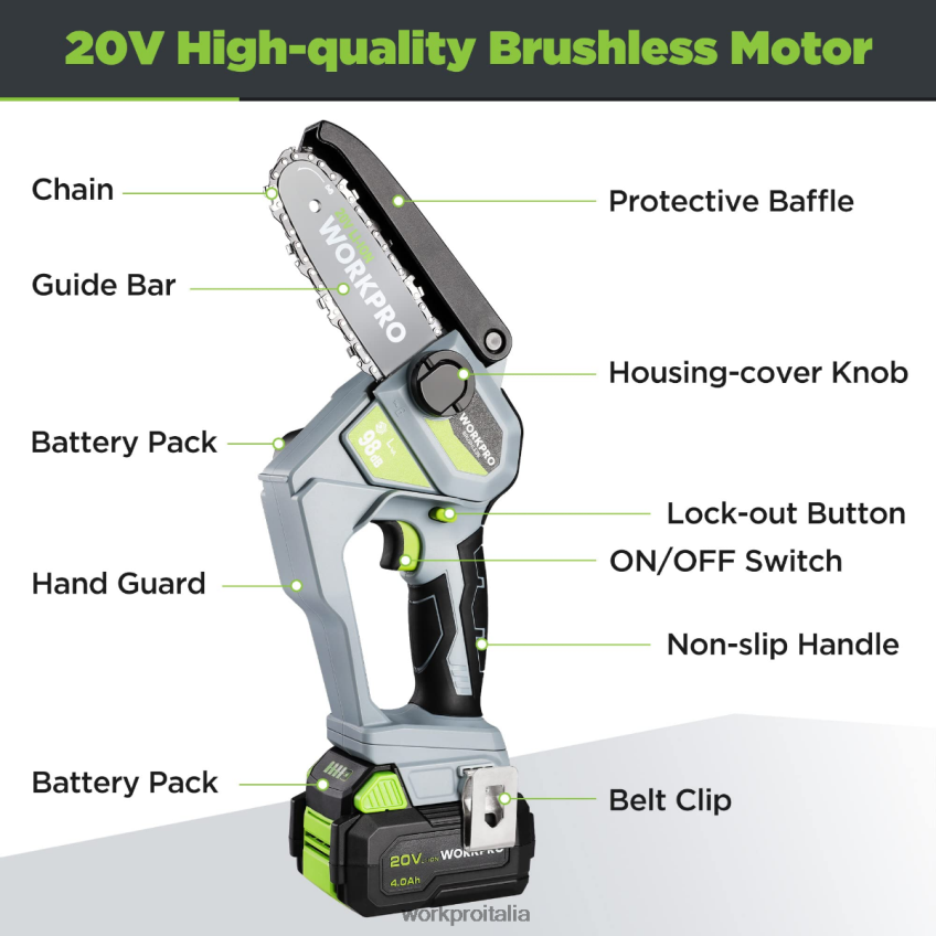WORKPRO Motosega compatta a batteria senza spazzole da 20 V con batteria da 4,0 Ah e catena di ricambio moderno B0600L298 attrezzo