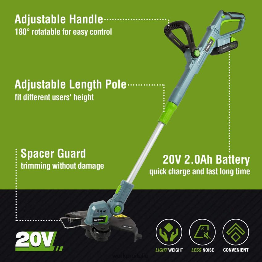 WORKPRO Tagliabordi/tagliabordi a batteria da 20 V da 12 pollici con batteria agli ioni di litio da 2 Ah Caricatore rapido da 1 ora Filo da taglio da 16,4 piedi incluso utile B0600L293 attrezzo