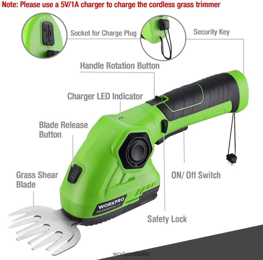 WORKPRO Tagliaerba a batteria e tagliasiepi per arbusti Tagliasiepi portatile 2 in 1 Tagliasiepi elettrico da 7,2 V verde/bianco B0600L297 attrezzo