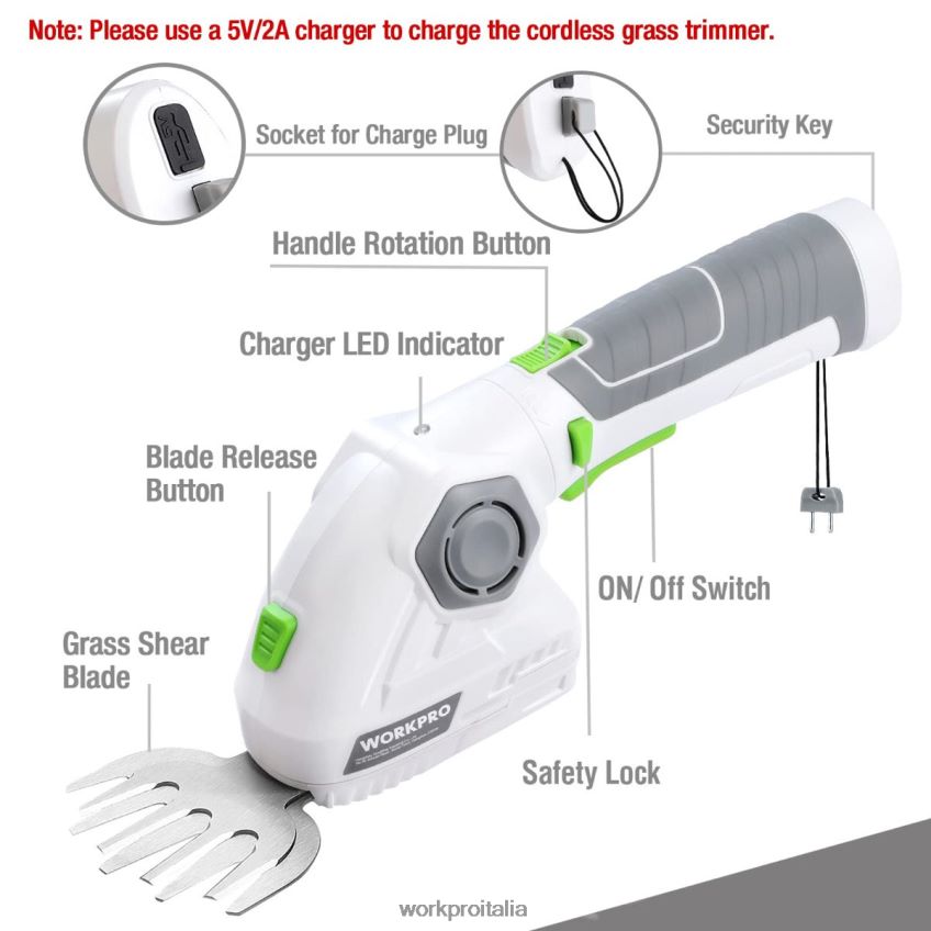 WORKPRO Tagliaerba a batteria e tagliasiepi per arbusti Tagliasiepi portatile 2 in 1 Tagliasiepi elettrico da 7,2 V verde/bianco B0600L297 attrezzo