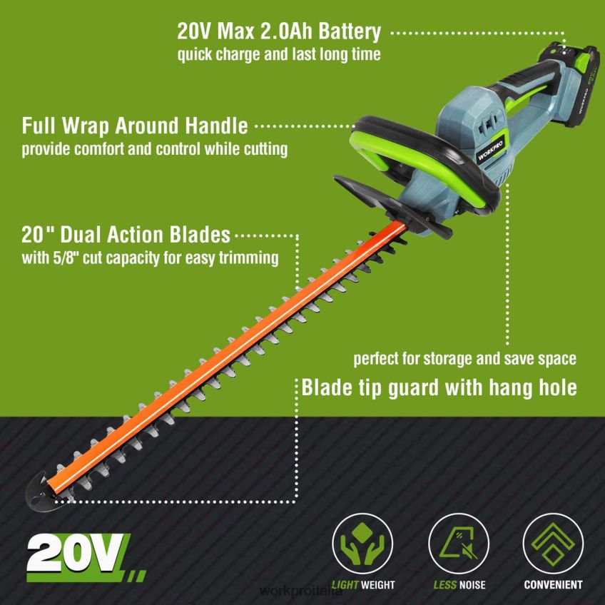 WORKPRO Tagliasiepi cordless da 20 V con lame a doppia azione, attrezzo da giardinaggio elettrico, batteria da 2,0 Ah e caricabatterie rapido da 1 ora inclusi moderno B0600L295 attrezzo