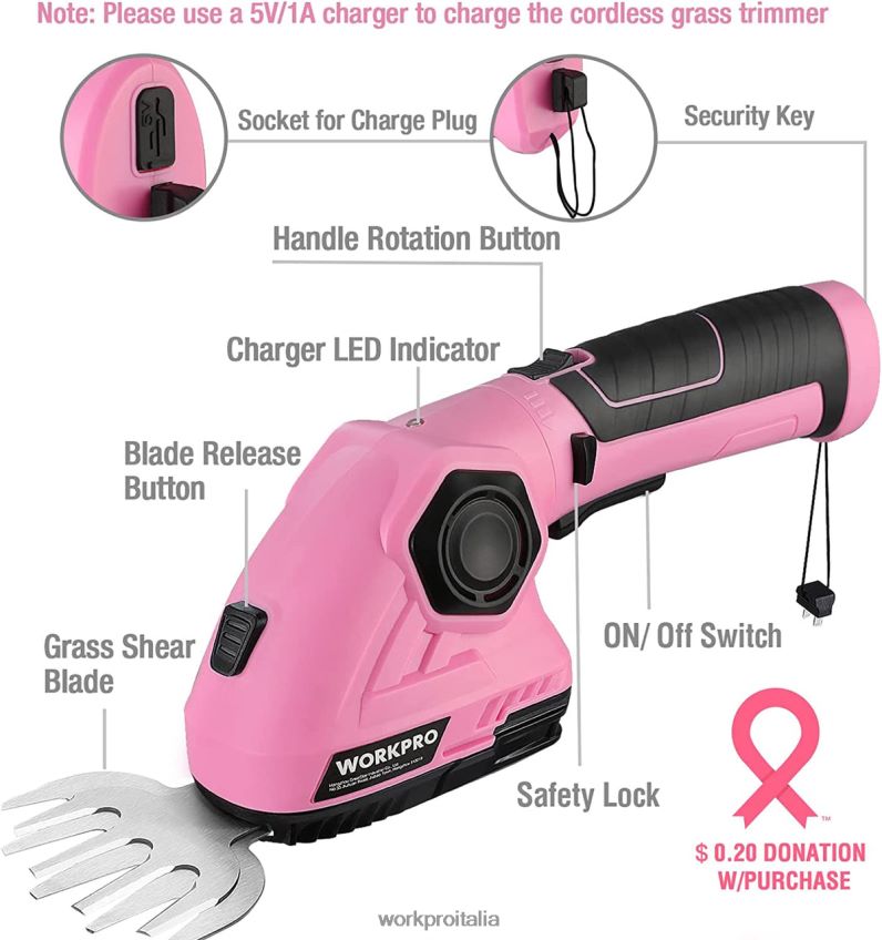 WORKPRO Tagliasiepi portatile 2 in 1 Tagliaerba elettrico/cesoie per siepi da 7,2 V rosa B0600L266 attrezzo
